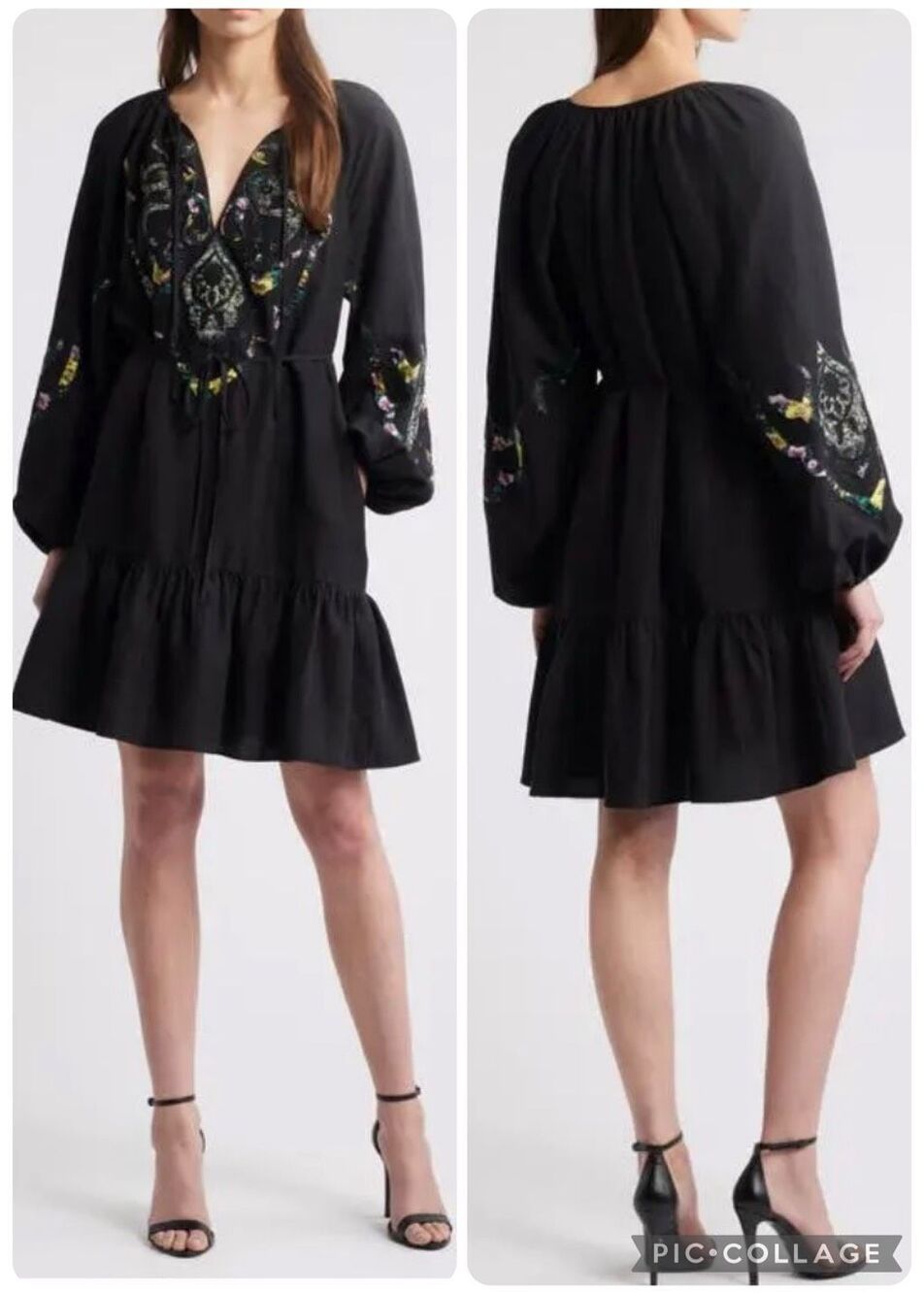 Kobi Halperin NWT $598 Lucy Appliqué Long Sleeve Peasant Dress Cottagecore Black